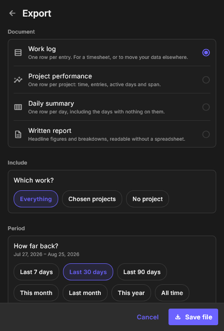 The WorkLedge export screen