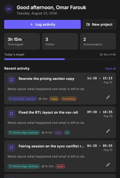 The WorkLedge home screen